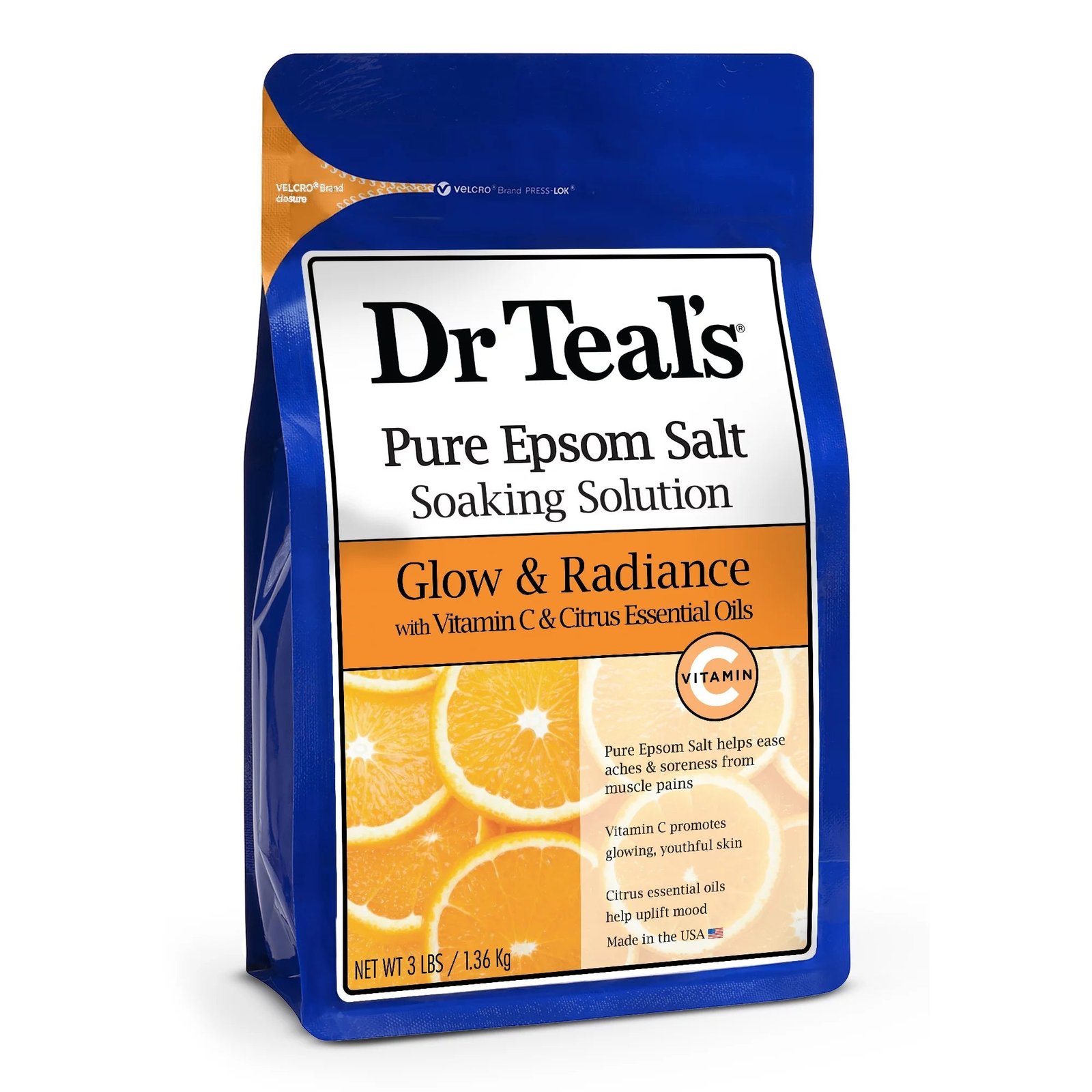 Dr Teal’s Pure Epsom Salt Soak, Glow & Radiance with Vitamin C & Citrus Essential Oils, 3 lbs / 1.36kg
