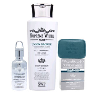 Supreme White Union Sacree Lightening ( Lotion, Serum And Bar Soap ) Pack Of 3 Supreme White Union Sacree Lightening ( Lotion, Serum And Bar Soap ) Pack Of 3