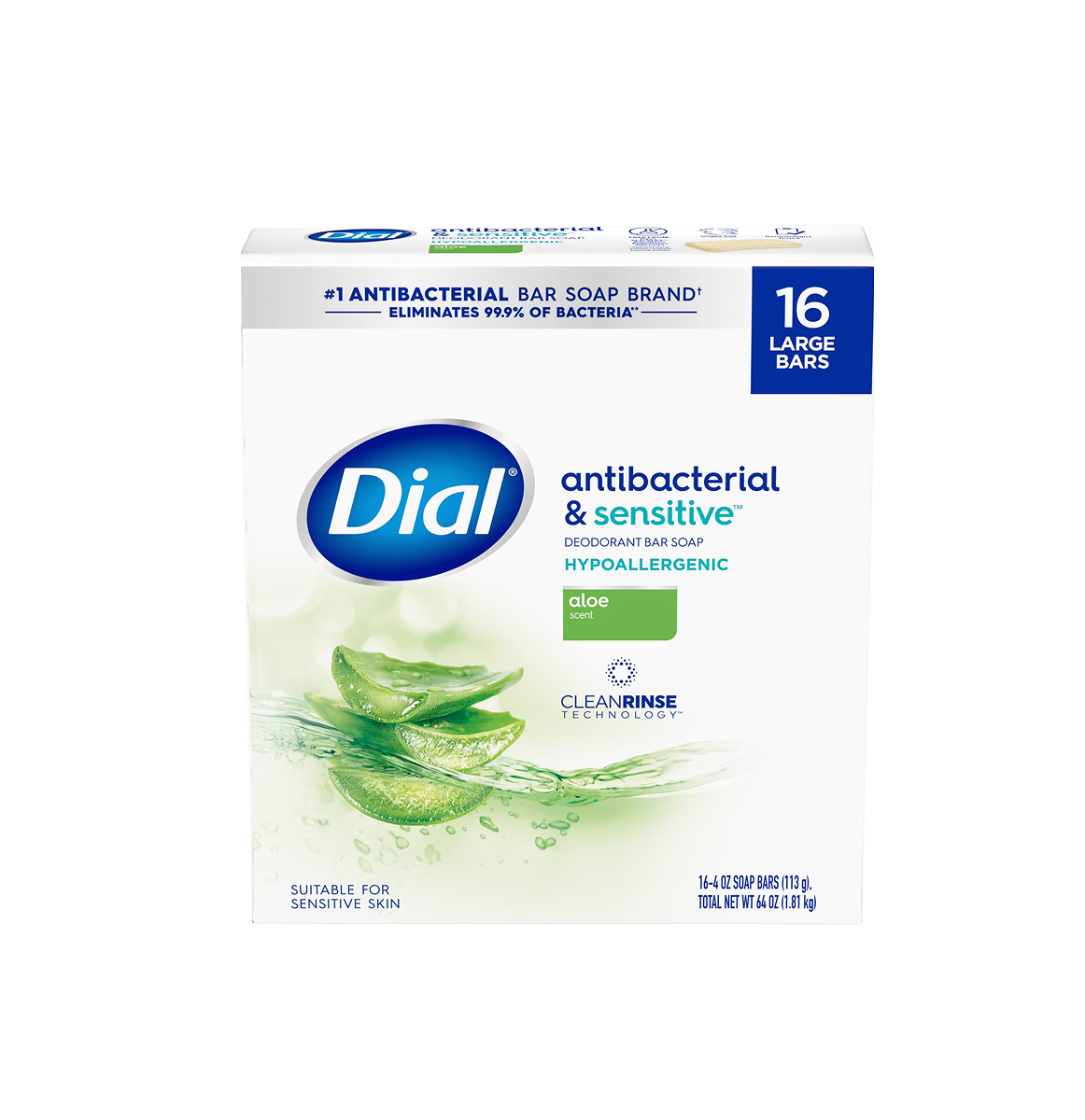 Dial Aloe Antibacterial & Sensitive Deodorant Bar Soap X 16 – 4Oz/113G Dial Aloe Antibacterial & Sensitive Deodorant Bar Soap X 16 – 4Oz/113G